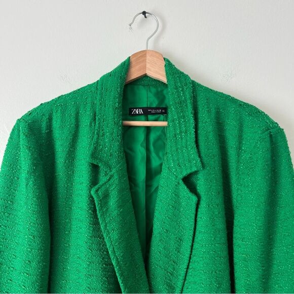 Zara Tweed Oversized Blazer Textured Double Breasted Size Large in Green Blogger - Picture 9 of 11